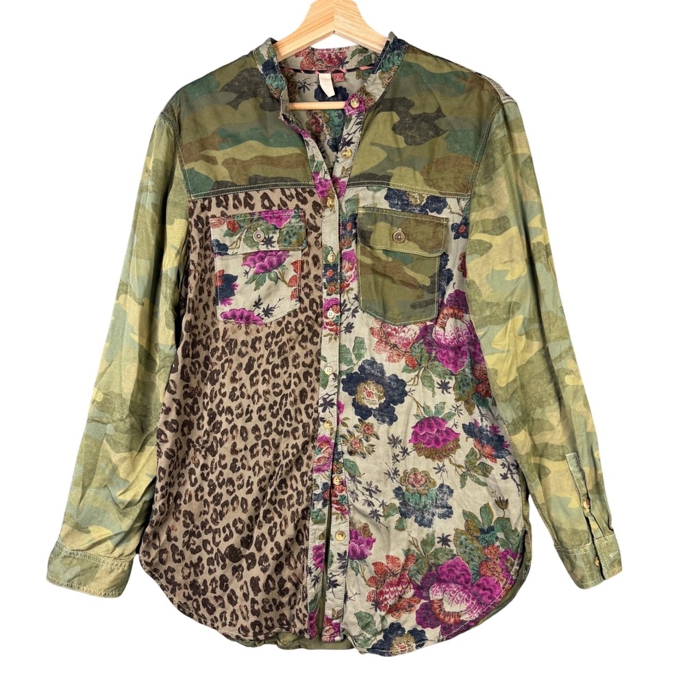 Pilcro and the Letterpress Mixed Print Camo Floral Leopard Button Down Shirt S